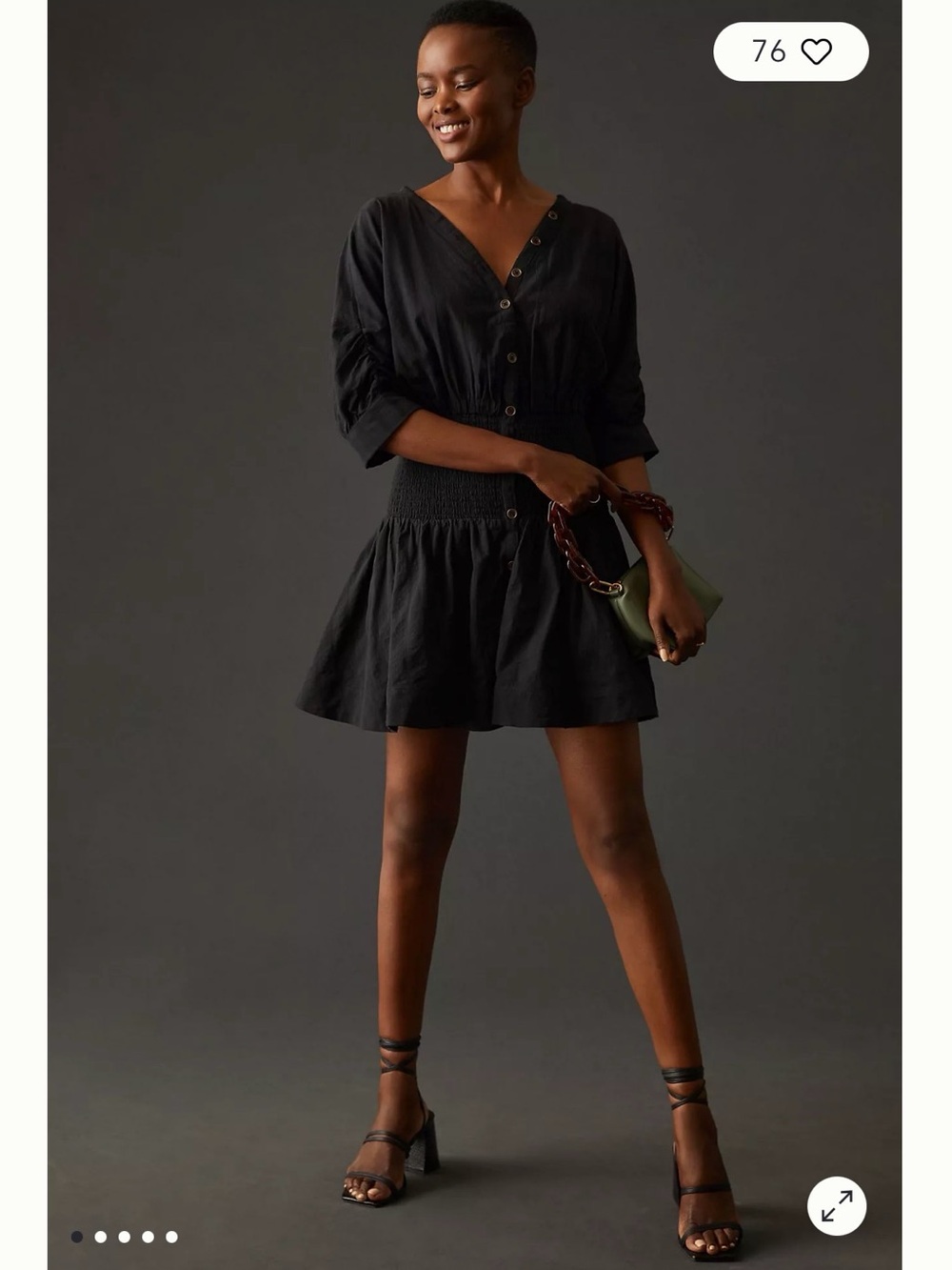 Maeve by Anthropologie Black V-Neck Button Smocked-Waist Mini Dress